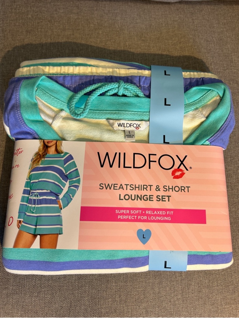 Wildfox Teal, Purple & Cream Striped Sweatshirt and Short Lounge Set